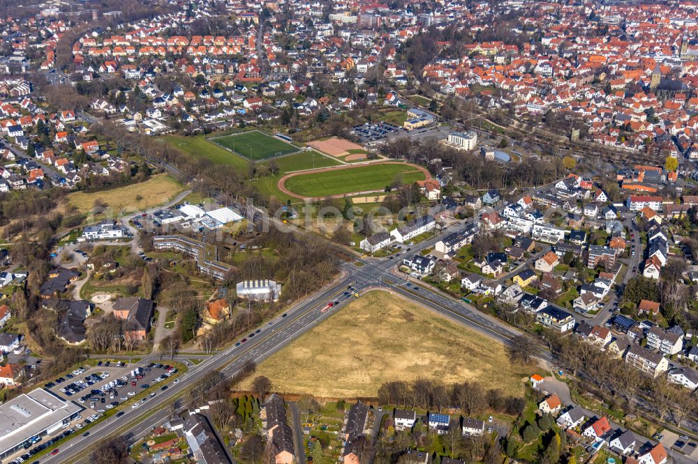 Soest from above - Development area and building land fallow at the crossroads of Arnsberger Strasse - Luebecker Ring - Wisbyring in Soest in the state North Rhine-Westphalia, Germany