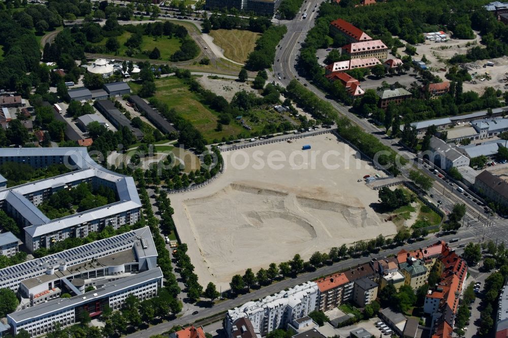 Aerial photograph München - Development area New construction of criminal justice center Munich fallow Schwere-Reiter-Strasse - Dachauer Strasse - Emma-Ihrer-Strasse in the district Neuhausen-Nymphenburg in Munich in the state Bavaria, Germany