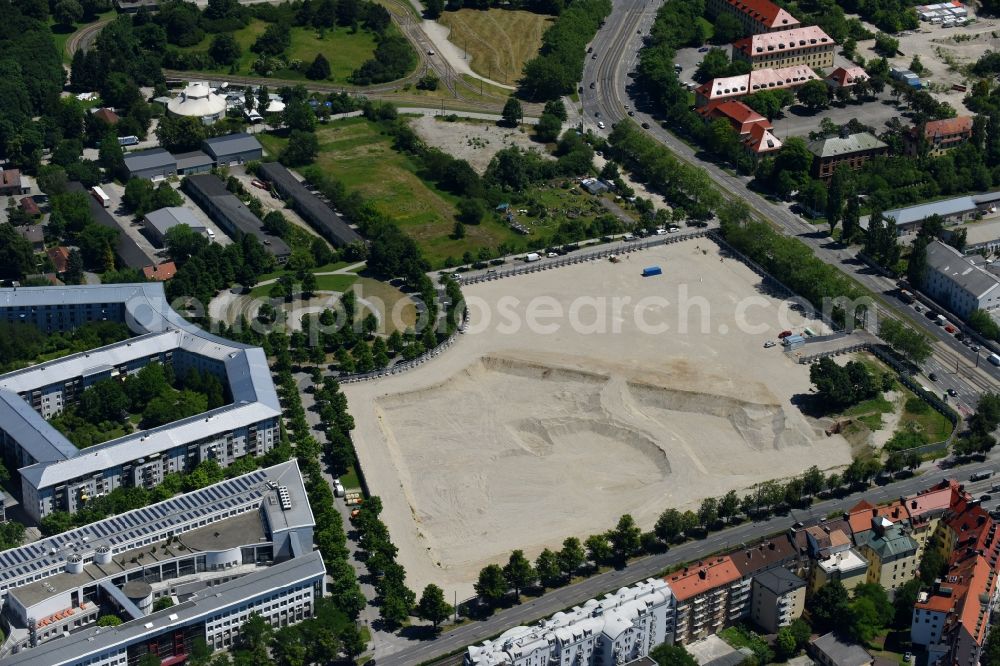 München from the bird's eye view: Development area New construction of criminal justice center Munich fallow Schwere-Reiter-Strasse - Dachauer Strasse - Emma-Ihrer-Strasse in the district Neuhausen-Nymphenburg in Munich in the state Bavaria, Germany