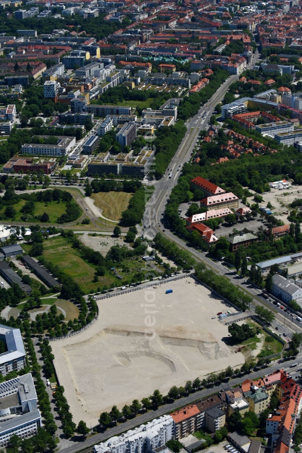 Aerial image München - Development area New construction of criminal justice center Munich fallow Schwere-Reiter-Strasse - Dachauer Strasse - Emma-Ihrer-Strasse in the district Neuhausen-Nymphenburg in Munich in the state Bavaria, Germany