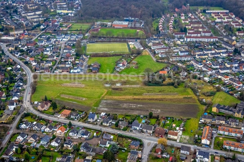 Aerial photograph Bergkamen - Development area and building land fallow between Jahnstrasse and Hermann-Stehr-Strasse in Bergkamen in the state North Rhine-Westphalia, Germany