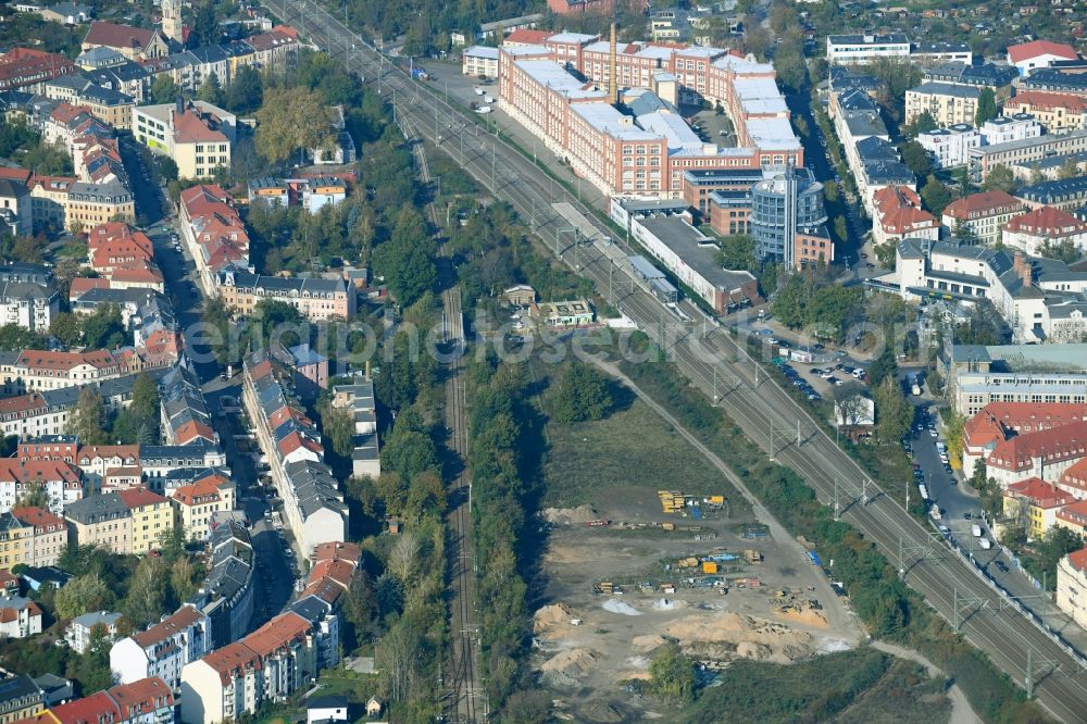 Dresden from above - Development area and building land fallow between den Schienenverlaeufen beim Bahnhof Dresden-Pieschen in the district Pieschen in Dresden in the state Saxony, Germany