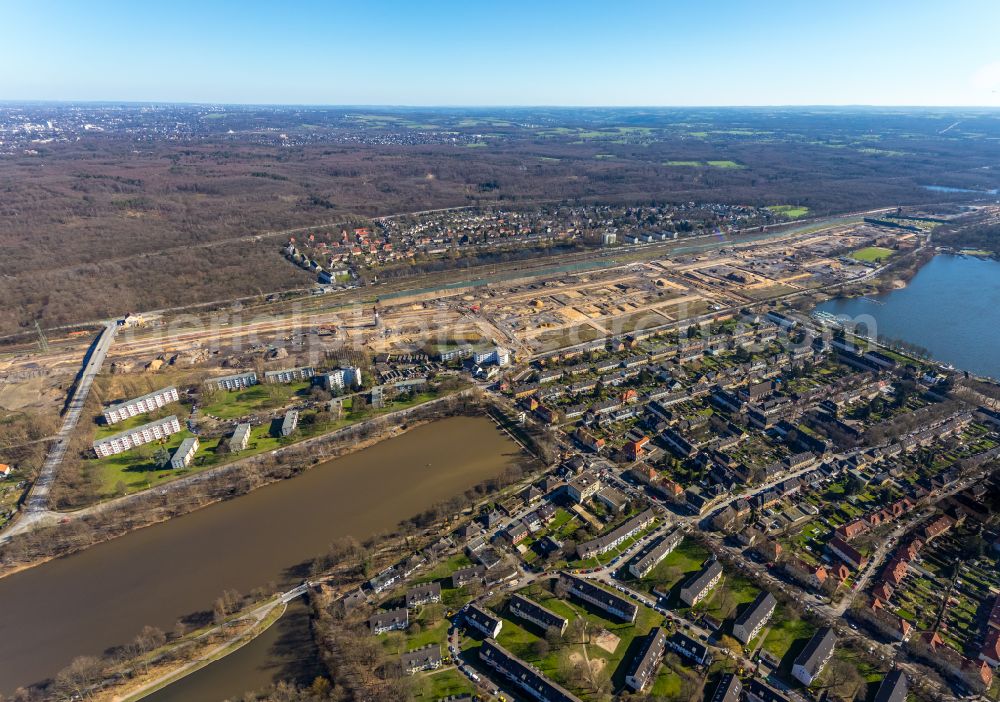 Duisburg from above - Development area and building land for the new construction of the Quartier am Wasserturm in the Wedau district in Duisburg in the Ruhr area in the state North Rhine-Westphalia, Germany