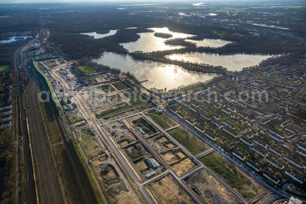 Duisburg from the bird's eye view: Development area and building land for the new construction of the Quartier am Wasserturm in the Wedau district in Duisburg in the Ruhr area in the state North Rhine-Westphalia, Germany