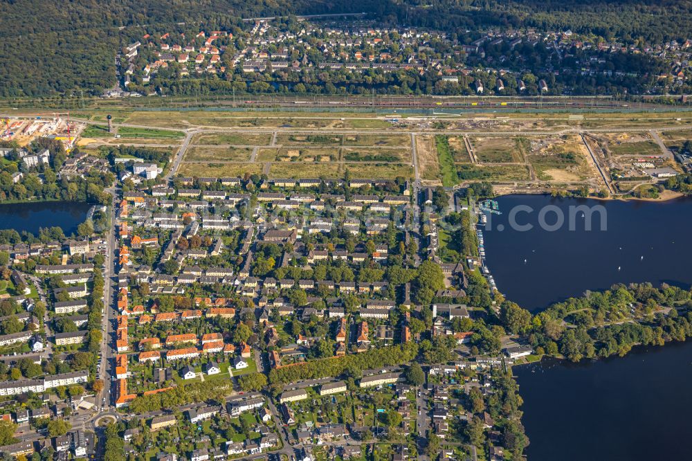 Duisburg from the bird's eye view: development area and building land for the new construction of the Quartier am Wasserturm in the Wedau district in Duisburg in the Ruhr area in the state North Rhine-Westphalia, Germany