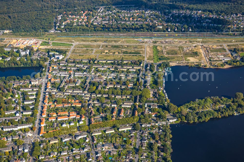 Aerial image Duisburg - development area and building land for the new construction of the Quartier am Wasserturm in the Wedau district in Duisburg in the Ruhr area in the state North Rhine-Westphalia, Germany