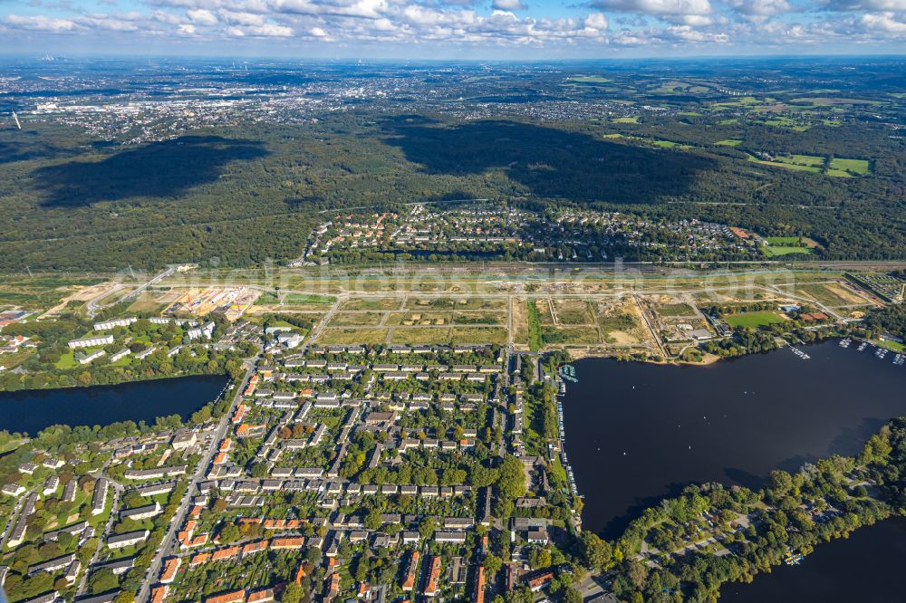 Duisburg from above - development area and building land for the new construction of the Quartier am Wasserturm in the Wedau district in Duisburg in the Ruhr area in the state North Rhine-Westphalia, Germany