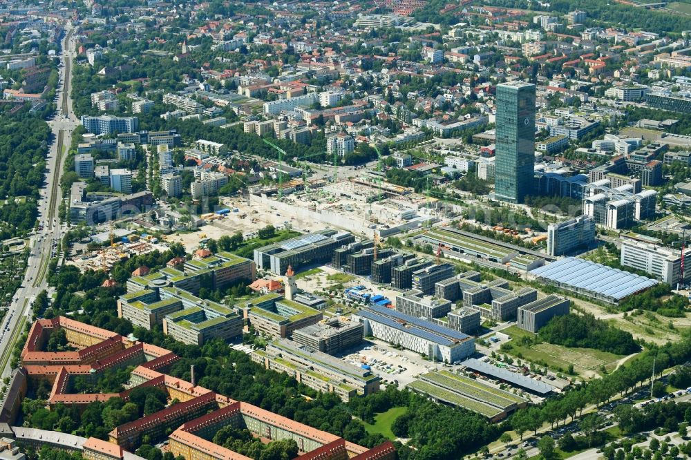 München from the bird's eye view: Development area with construction sites in the district Moosach in Munich in the federal state of Bavaria, Germany