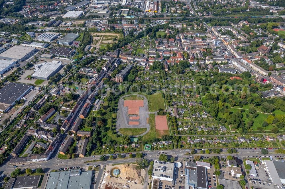 Essen from the bird's eye view: Development area fallow and former refugee camp at the Erbsloehstrasse - Berthold-Beitz-Boulevard in Essen in the state of North Rhine-Westphalia, Germany