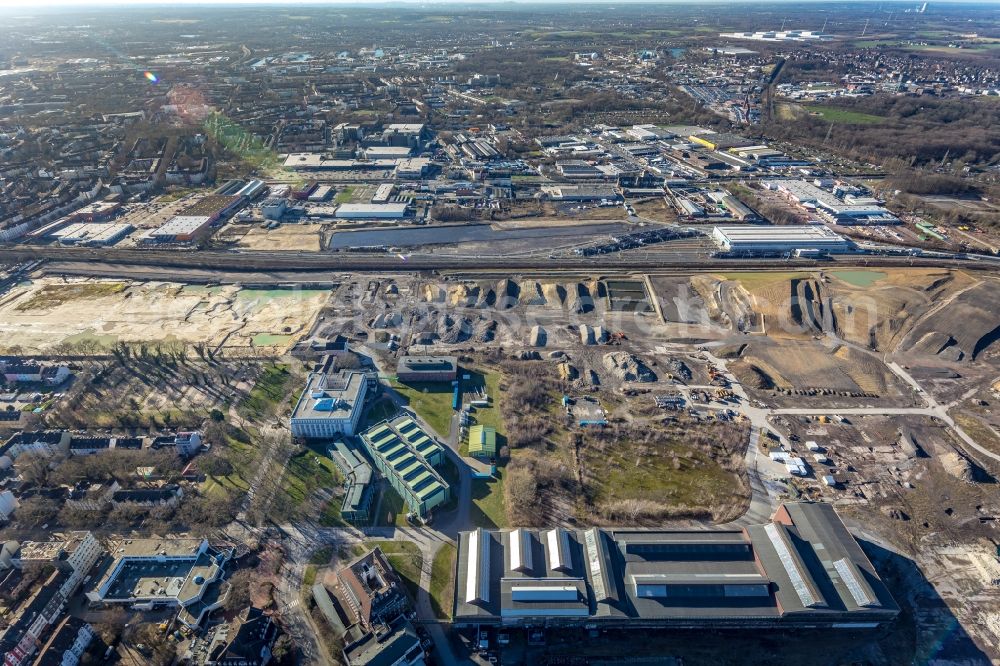 Dortmund from above - Development area of the industrial wasteland of Dortmund Logistik GmbH of the DSW21 group with railway depot Siemens Rail Service Center on the site of the former Westfalenhuette in Dortmund at Ruhrgebiet in the state of North Rhine-Westphalia