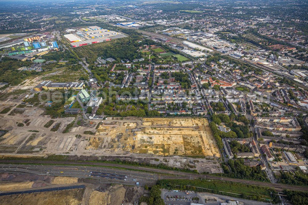 Dortmund from above - Development area of the industrial wasteland of Dortmund Logistik GmbH of the DSW21 group with railway depot Siemens Rail Service Center on the site of the former Westfalenhuette in Dortmund at Ruhrgebiet in the state of North Rhine-Westphalia