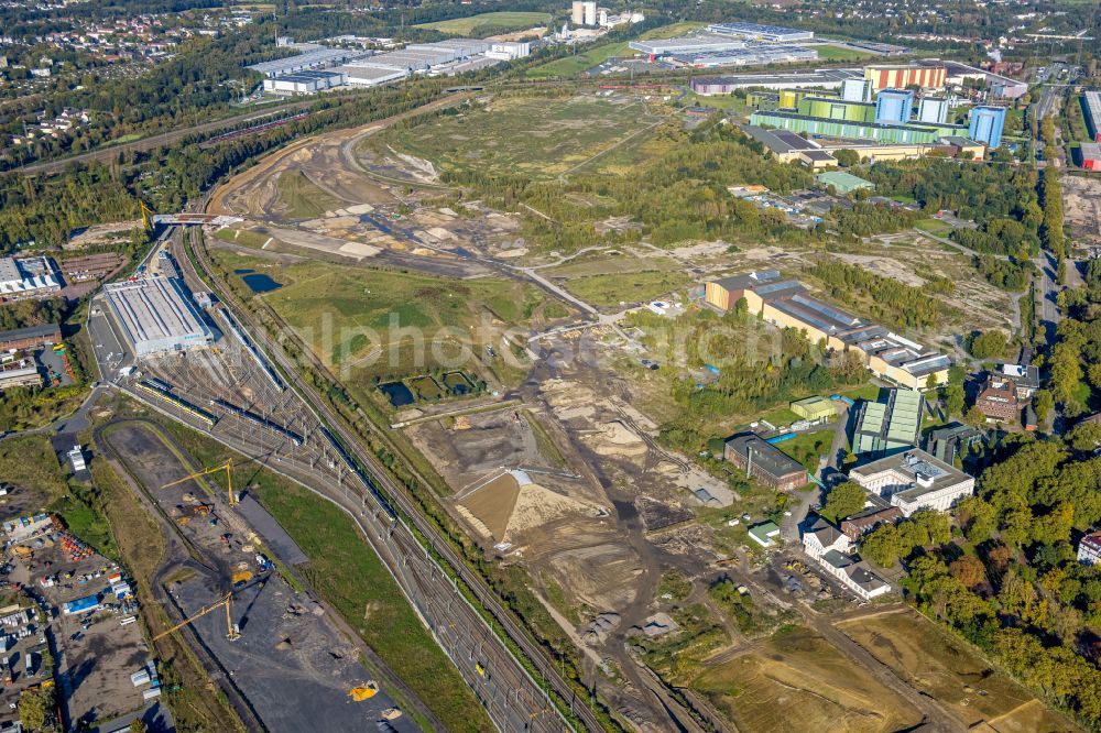 Dortmund from above - Development area of the industrial wasteland of Dortmund Logistik GmbH of the DSW21 group with railway depot Siemens Rail Service Center on the site of the former Westfalenhuette in Dortmund at Ruhrgebiet in the state of North Rhine-Westphalia