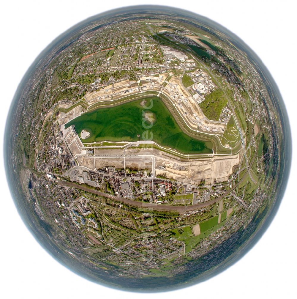 Aerial photograph Dortmund - Fish eye look at the Phonix lake, an artificial lake of the former steel works area in the Hörde district of Dortmund