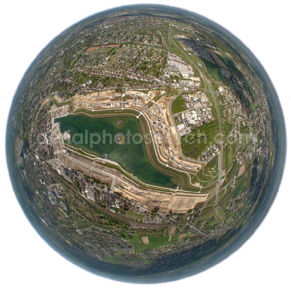 Dortmund from above - Fish eye look at the Phonix lake, an artificial lake of the former steel works area in the Hörde district of Dortmund