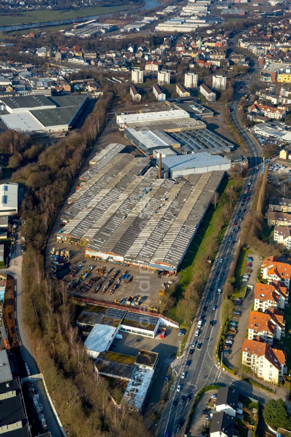 Hattingen from the bird's eye view: Development area of former industrial and commercial area O&K Kone-Site on the road to Nierenhofer planned refugee shelter in Hattingen in the state North Rhine-Westphalia