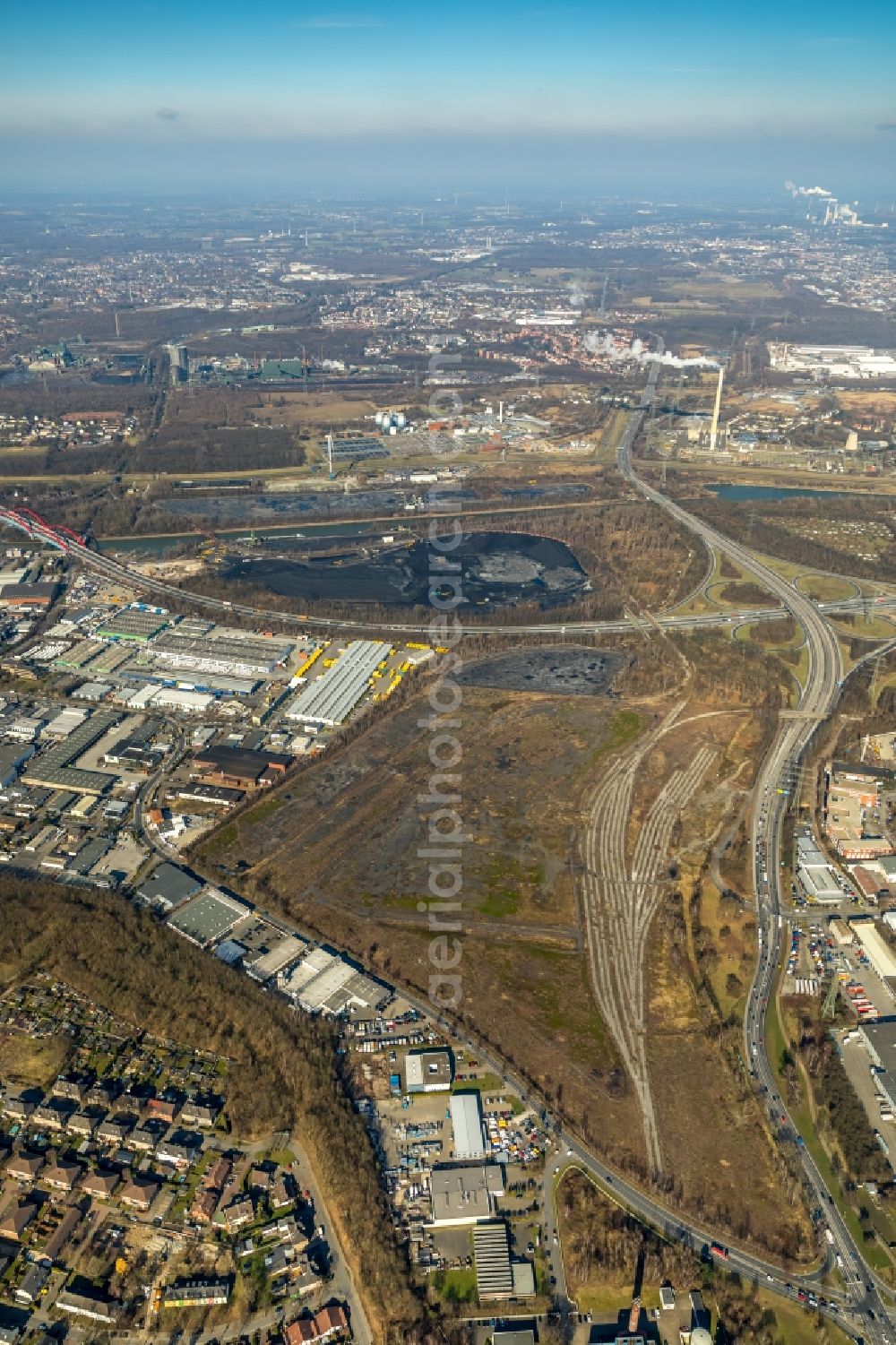 Essen from above - Storage area for coal in Essen in the state North Rhine-Westphalia, Germany