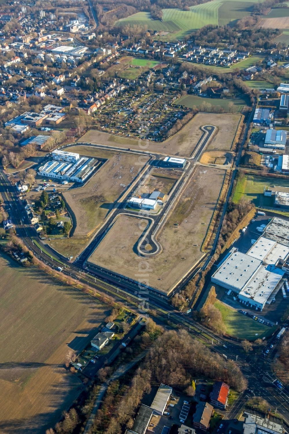 Bochum from the bird's eye view: Development area of trade surfaces between the Josef Baumann street and the Lorrainer avenue on the former BOGESTRA depot in the district of Hiltrop in Bochum in the federal state North Rhine-Westphalia