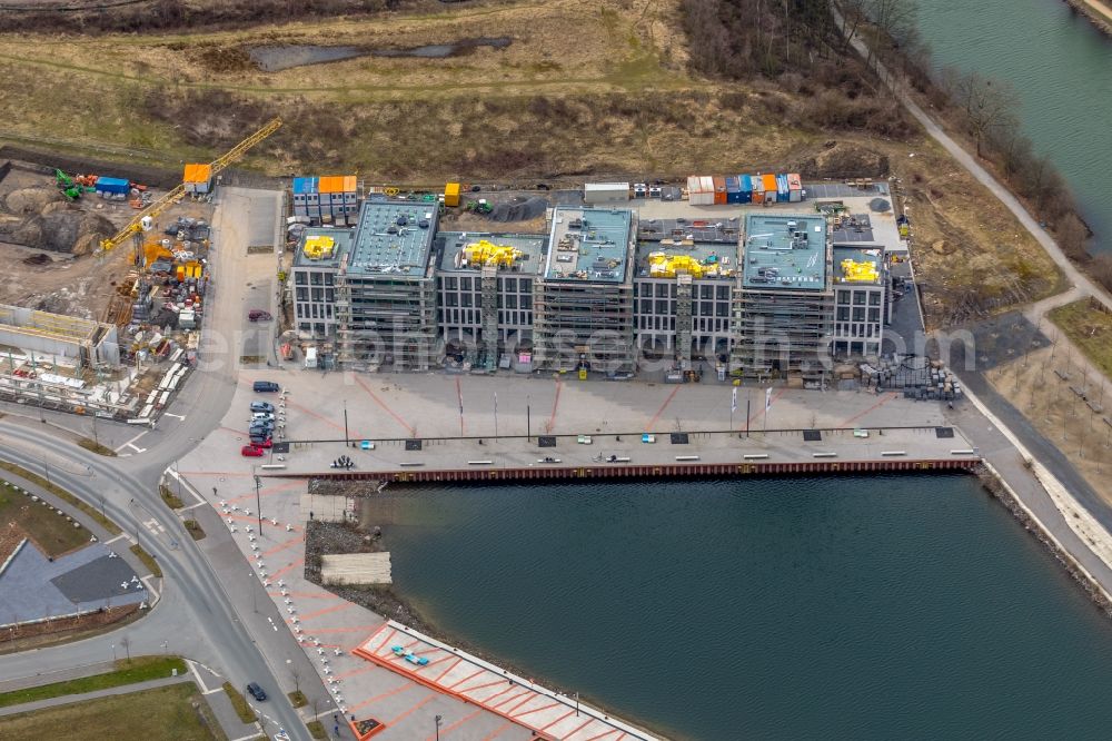 Gelsenkirchen from above - Development area of NRW.URBAN Service GmbH on the Graf Bismarck Hafenviertel at the Rhein-Herne-Kanal in the district Bismarck in Gelsenkirchen in the state North Rhine-Westphalia