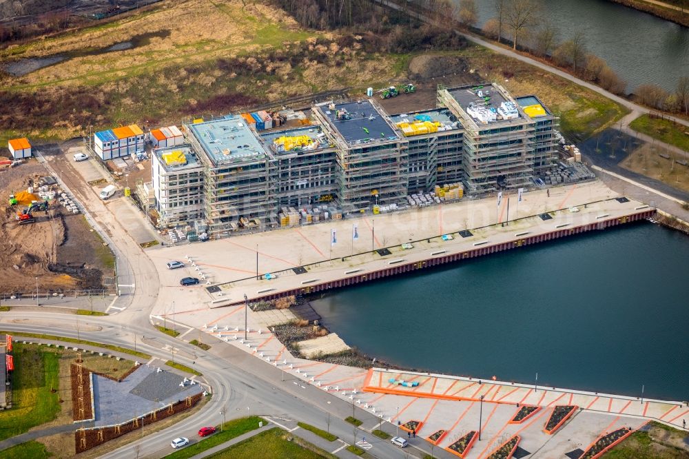 Gelsenkirchen from above - Development area of NRW.URBAN Service GmbH on the Graf Bismarck Hafenviertel at the Rhein-Herne-Kanal in the district Bismarck in Gelsenkirchen in the state North Rhine-Westphalia