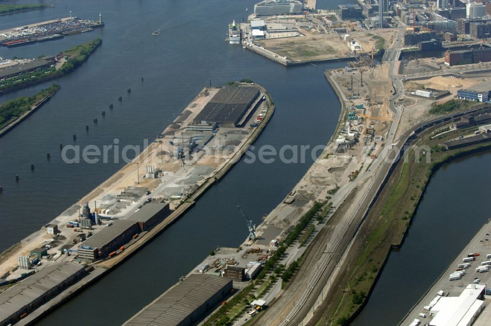 Hamburg from above - Development area of the industrial wasteland Baakenhafen on the Norderelbe at Baakenkai - Baakenstrasse - Versmannstrasse Kirchenpauerstrasse in the HafenCity district in Hamburg, Germany