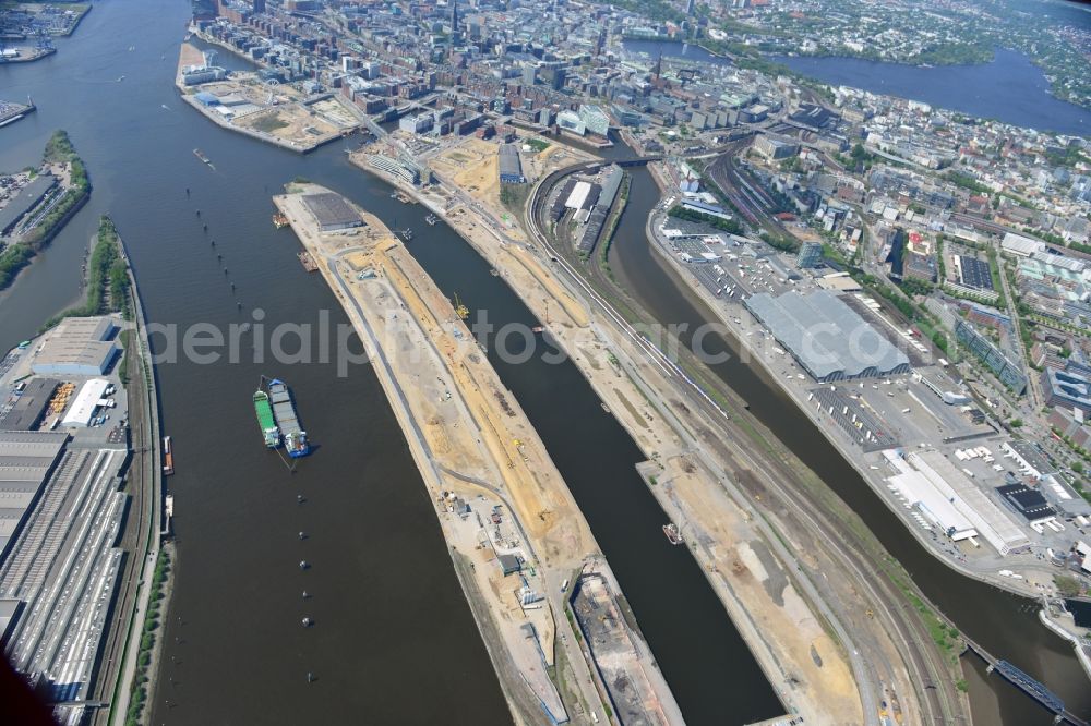 Hamburg from above - Development area of the industrial wasteland Baakenhafen on the Norderelbe at Baakenkai - Baakenstrasse - Versmannstrasse Kirchenpauerstrasse in the HafenCity district in Hamburg, Germany