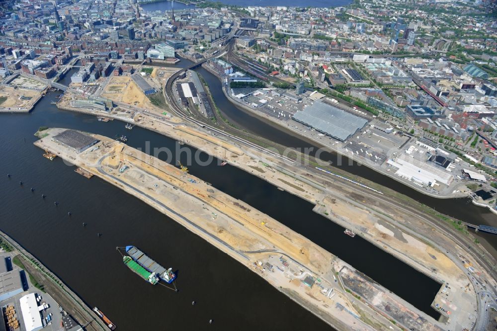 Hamburg from above - Development area of the industrial wasteland Baakenhafen on the Norderelbe at Baakenkai - Baakenstrasse - Versmannstrasse Kirchenpauerstrasse in the HafenCity district in Hamburg, Germany