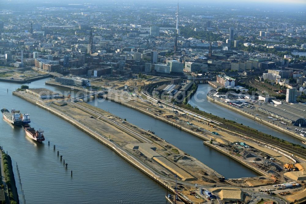 Aerial image Hamburg - Development area of the industrial wasteland Baakenhafen on the Norderelbe at Baakenkai - Baakenstrasse - Versmannstrasse Kirchenpauerstrasse in the HafenCity district in Hamburg, Germany