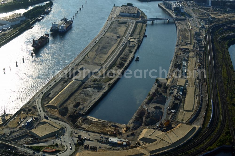 Hamburg from the bird's eye view: Development area of the industrial wasteland Baakenhafen on the Norderelbe at Baakenkai - Baakenstrasse - Versmannstrasse Kirchenpauerstrasse in the HafenCity district in Hamburg, Germany