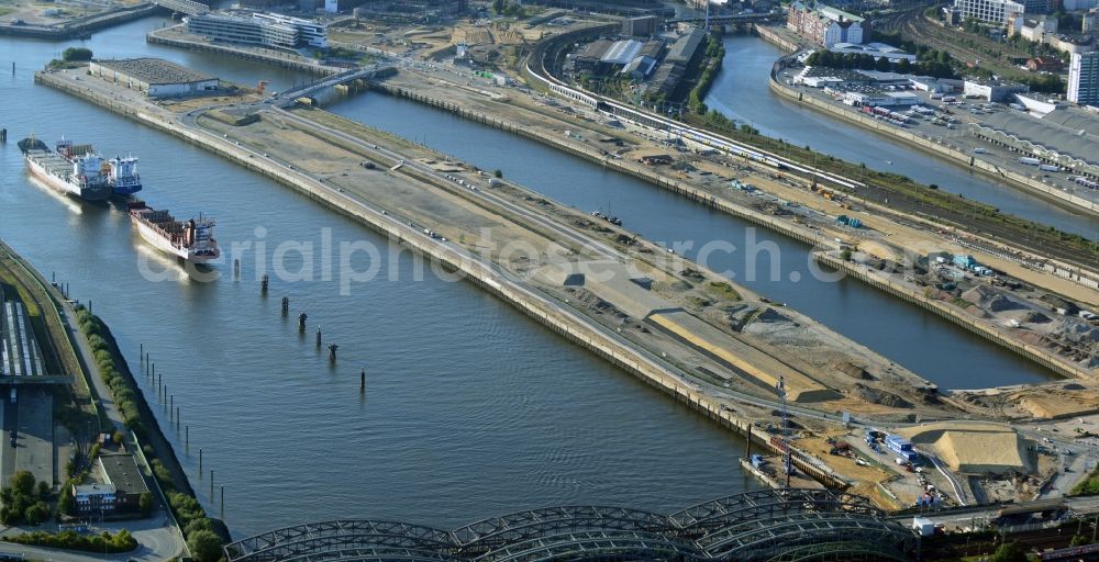 Hamburg from the bird's eye view: Development area of the industrial wasteland Baakenhafen on the Norderelbe at Baakenkai - Baakenstrasse - Versmannstrasse Kirchenpauerstrasse in the HafenCity district in Hamburg, Germany