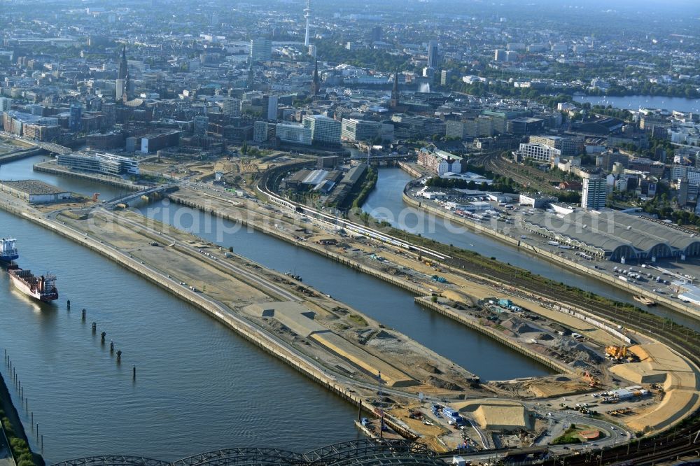 Aerial image Hamburg - Development area of the industrial wasteland Baakenhafen on the Norderelbe at Baakenkai - Baakenstrasse - Versmannstrasse Kirchenpauerstrasse in the HafenCity district in Hamburg, Germany