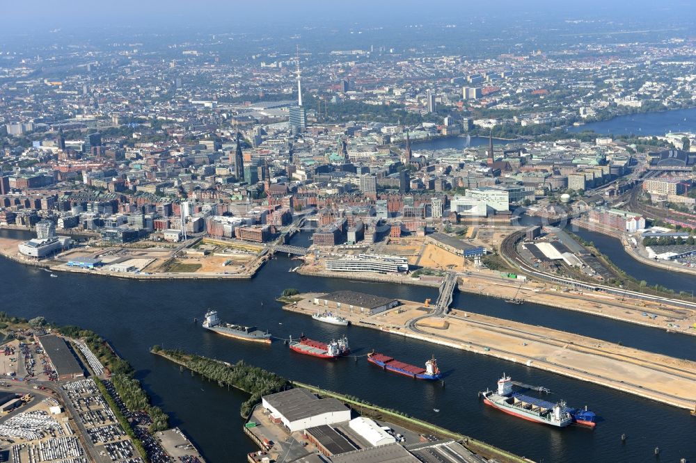 Hamburg from the bird's eye view: Development area of industrial wasteland Baakenhafen on Elbe river in Hamburg, Germany