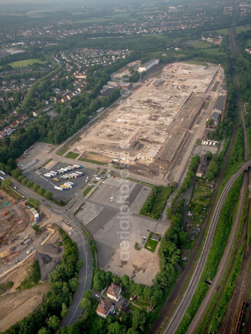 Bochum from the bird's eye view: Development area of industrial wasteland of Bochum Perspektive 2022 GmbH on Hauptstrasse through the demolition company Johannes Landwehr Abbruchunternehmen GmbH in Bochum in North Rhine-Westphalia, Germany