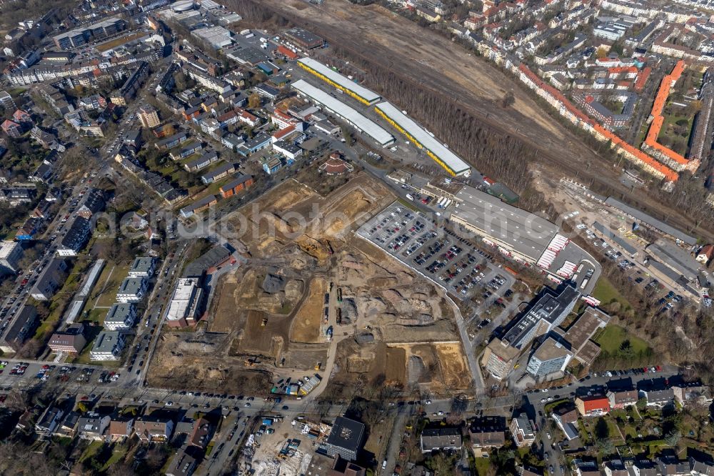 Dortmund from the bird's eye view: Development area of industrial wasteland Deggingstrasse on Head quarter DSW21 Dortmunder Stadtwerke AG in the district Westfalendamm-Nord in Dortmund in the state North Rhine-Westphalia