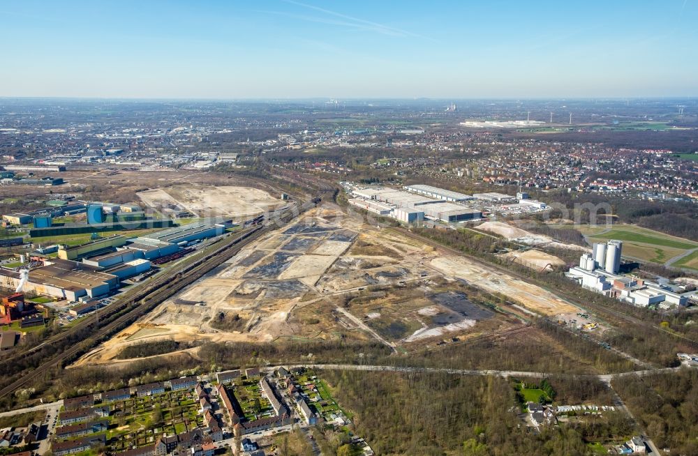 Dortmund from the bird's eye view: Development area of the industrial chain of Dortmund Logistik GmbH on the site of the former Westfalenhuette in Dortmund, North Rhine-Westphalia