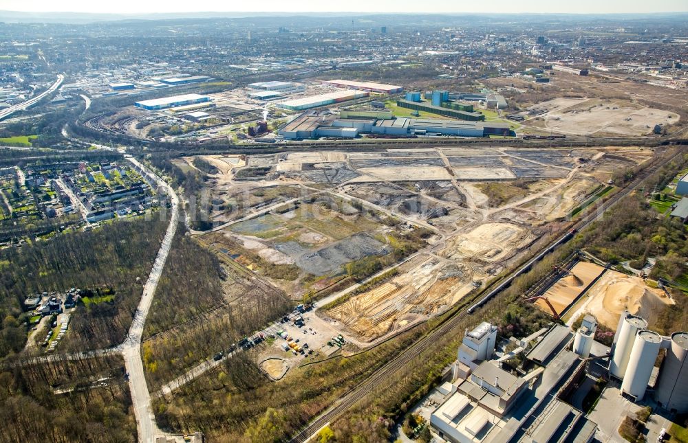 Dortmund from above - Development area of the industrial chain of Dortmund Logistik GmbH on the site of the former Westfalenhuette in Dortmund, North Rhine-Westphalia