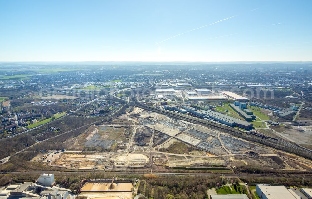 Dortmund from the bird's eye view: Development area of the industrial chain of Dortmund Logistik GmbH on the site of the former Westfalenhuette in Dortmund, North Rhine-Westphalia