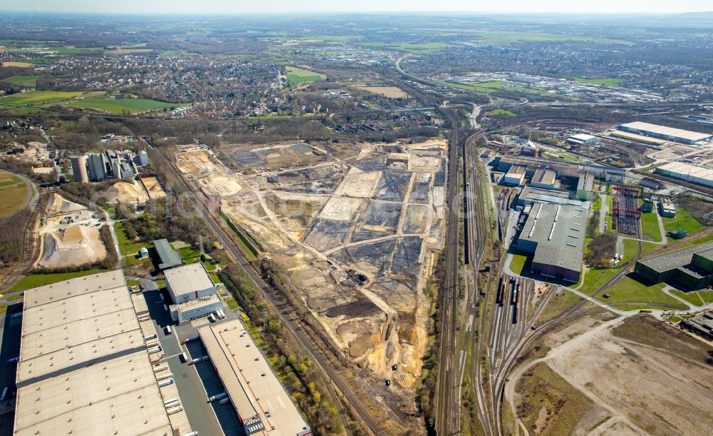 Aerial image Dortmund - Development area of the industrial chain of Dortmund Logistik GmbH on the site of the former Westfalenhuette in Dortmund, North Rhine-Westphalia