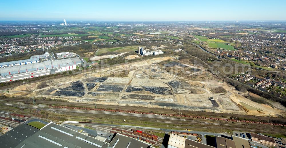 Dortmund from the bird's eye view: Development area of the industrial chain of Dortmund Logistik GmbH on the site of the former Westfalenhuette in Dortmund, North Rhine-Westphalia