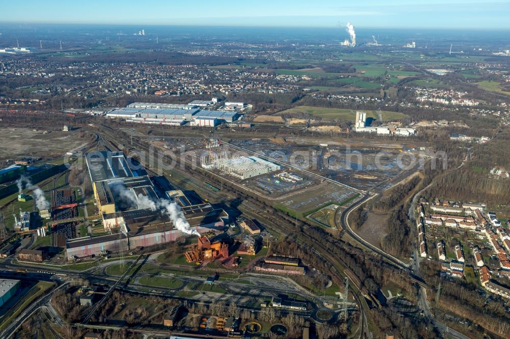 Dortmund from the bird's eye view: Development area of the industrial chain of Dortmund Logistik GmbH on the site of the former Westfalenhuette in Dortmund, North Rhine-Westphalia