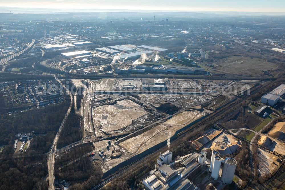 Dortmund from above - Development area of the industrial chain of Dortmund Logistik GmbH on the site of the former Westfalenhuette in Dortmund, North Rhine-Westphalia