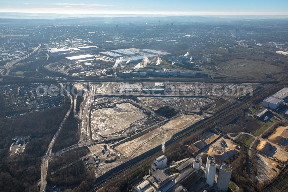 Dortmund from the bird's eye view: Development area of the industrial chain of Dortmund Logistik GmbH on the site of the former Westfalenhuette in Dortmund, North Rhine-Westphalia