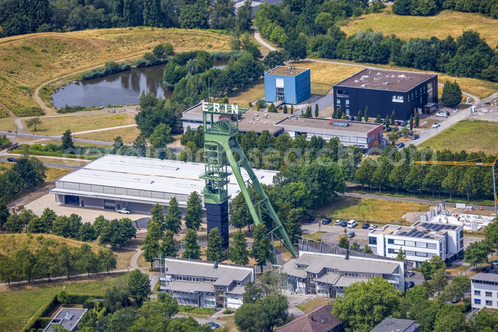 Castrop-Rauxel from the bird's eye view: Development area of industrial wasteland Erin-Park with dem Foerderturm the formerly Zeche on street Erinstrasse in Castrop-Rauxel at Ruhrgebiet in the state North Rhine-Westphalia, Germany