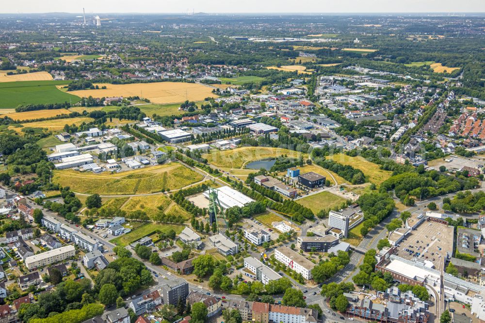 Aerial image Castrop-Rauxel - Development area of industrial wasteland Erin-Park with dem Foerderturm the formerly Zeche on street Erinstrasse in Castrop-Rauxel at Ruhrgebiet in the state North Rhine-Westphalia, Germany