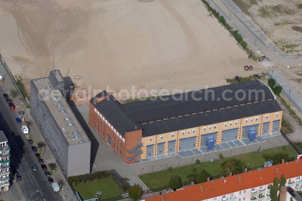 Berlin from above - Development area of industrial wasteland Gelaende of Alten Schlachthof on Eldenaer Strasse - Thaerstrasse in the district Friedrichshain in Berlin, Germany