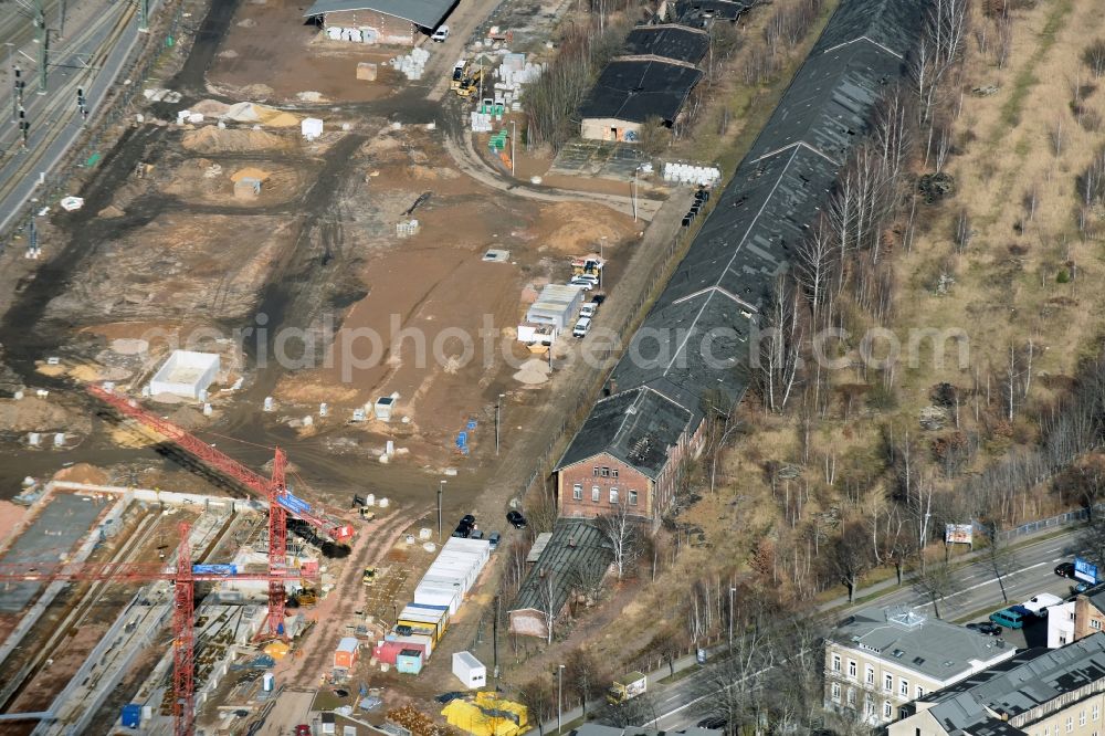 Aerial photograph Chemnitz - Development area of industrial wasteland to the railway tracks and warehouses of old shunting and goods station of Deutsche Bahn in Chemnitz in Saxony