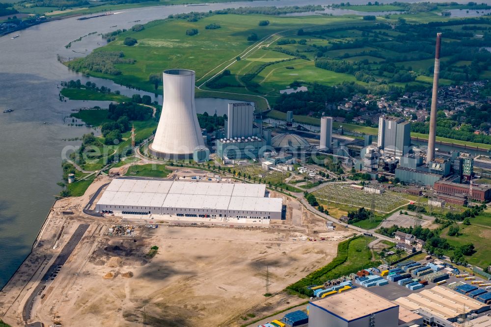 Aerial image Duisburg - Development area of industrial wasteland Logport VI on shore of rhine river on destrict Walsum in Duisburg in the state North Rhine-Westphalia, Germany