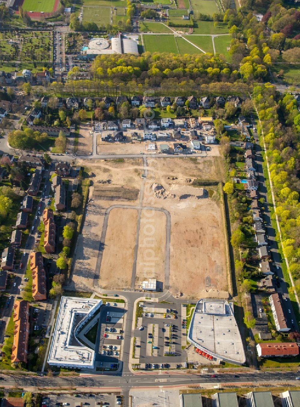 Hamm from the bird's eye view: Development area of the industrial wasteland Paracelsuspark and new development Science Quarter in Hamm in the state of North Rhine-Westphalia