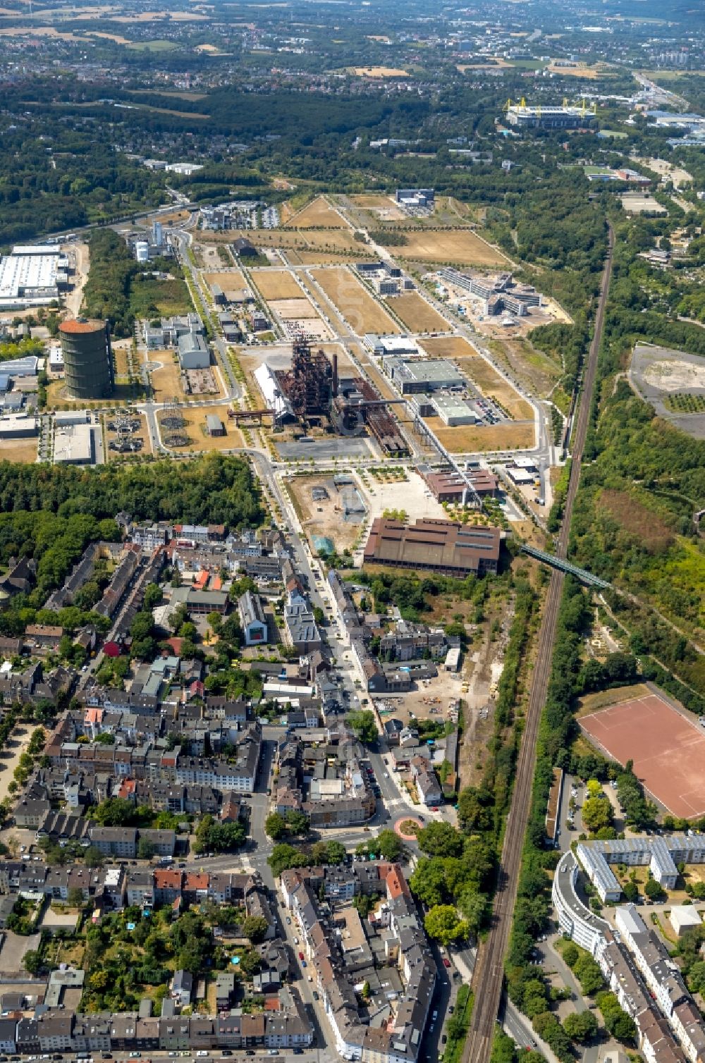 Dortmund from the bird's eye view: Development area of industrial wasteland Phoenix-West in the district Hoerde in Dortmund in the state North Rhine-Westphalia