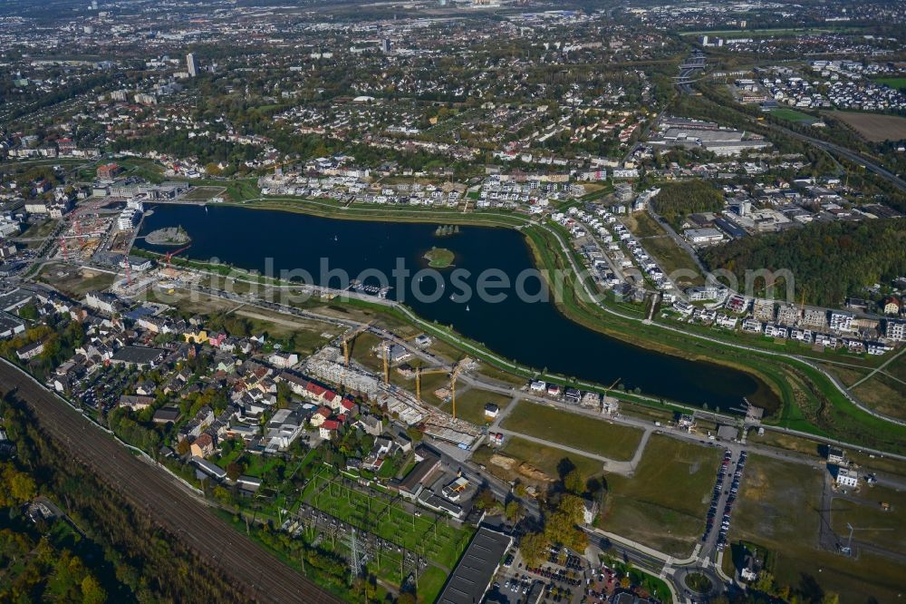 Dortmund from the bird's eye view: Development area of industrial wasteland Phoenix See in Dortmund in the state North Rhine-Westphalia