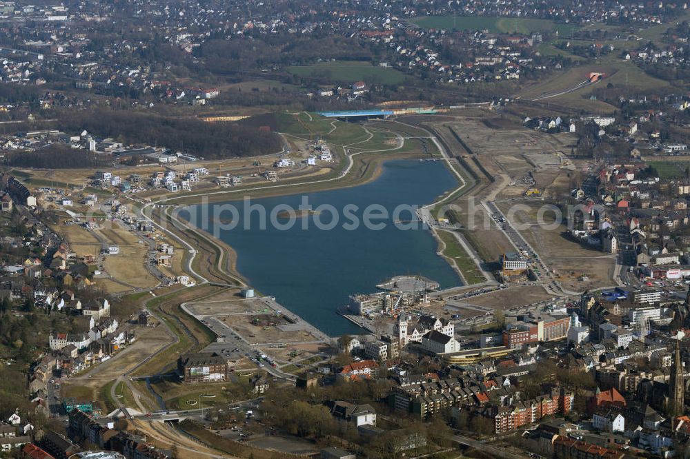 Dortmund from the bird's eye view: View of the development area Phoenix Lake in Dortmund. With the flooding of the lake in the Phoenix suburb Hörde on the former site of the former Hermannshütte a new way of urban development was created in this former industrial area